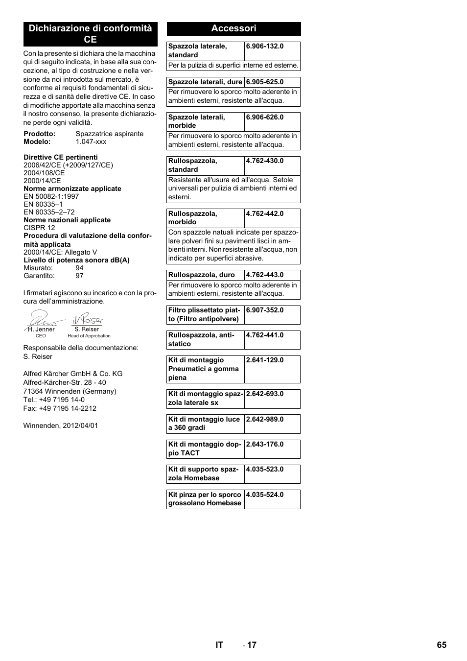 Dichiarazione di conformità ce, Accessori | Karcher Balayeuse KM 90-60 R Lpg Adv User Manual | Page 65 / 432