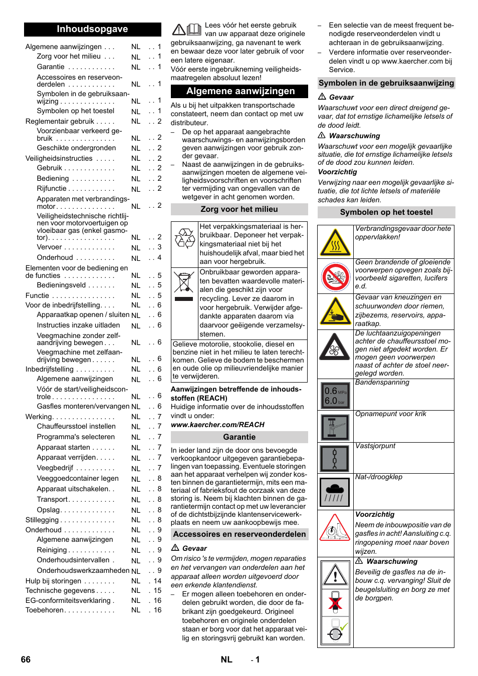 Nederlands, Inhoudsopgave, Algemene aanwijzingen | Karcher Balayeuse KM 90-60 R Lpg Adv User Manual | Page 66 / 432