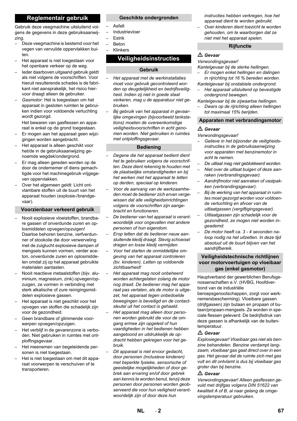 Reglementair gebruik, Veiligheidsinstructies | Karcher Balayeuse KM 90-60 R Lpg Adv User Manual | Page 67 / 432