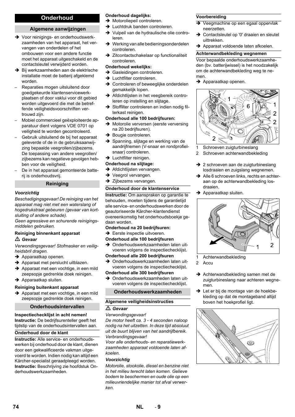 Onderhoud | Karcher Balayeuse KM 90-60 R Lpg Adv User Manual | Page 74 / 432