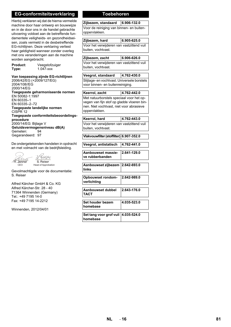 Eg-conformiteitsverklaring, Toebehoren | Karcher Balayeuse KM 90-60 R Lpg Adv User Manual | Page 81 / 432