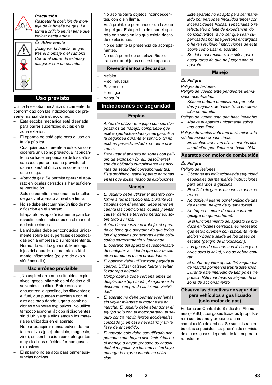 Uso previsto, Indicaciones de seguridad | Karcher Balayeuse KM 90-60 R Lpg Adv User Manual | Page 83 / 432