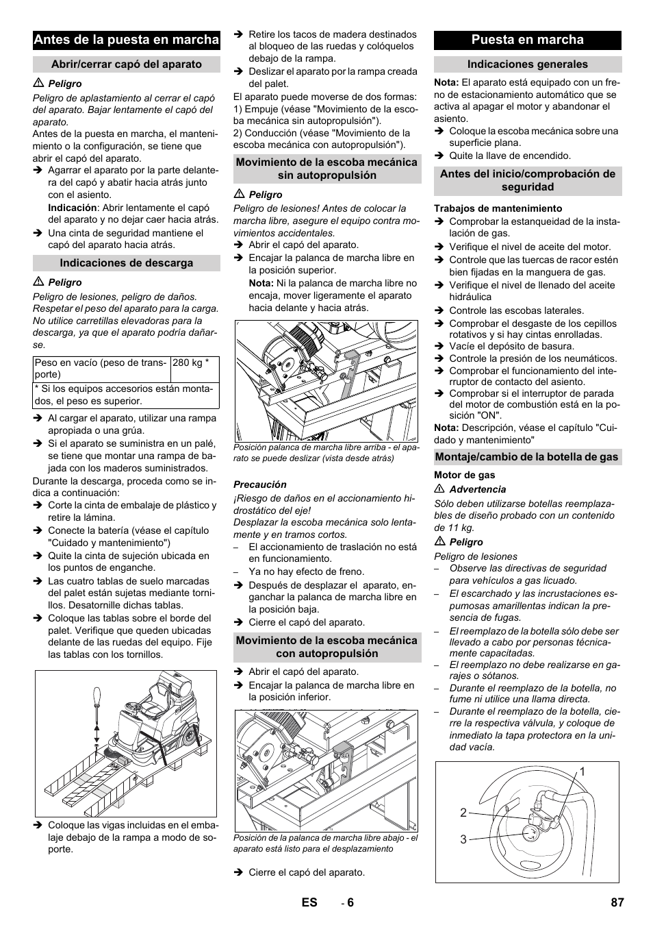 Antes de la puesta en marcha, Puesta en marcha | Karcher Balayeuse KM 90-60 R Lpg Adv User Manual | Page 87 / 432