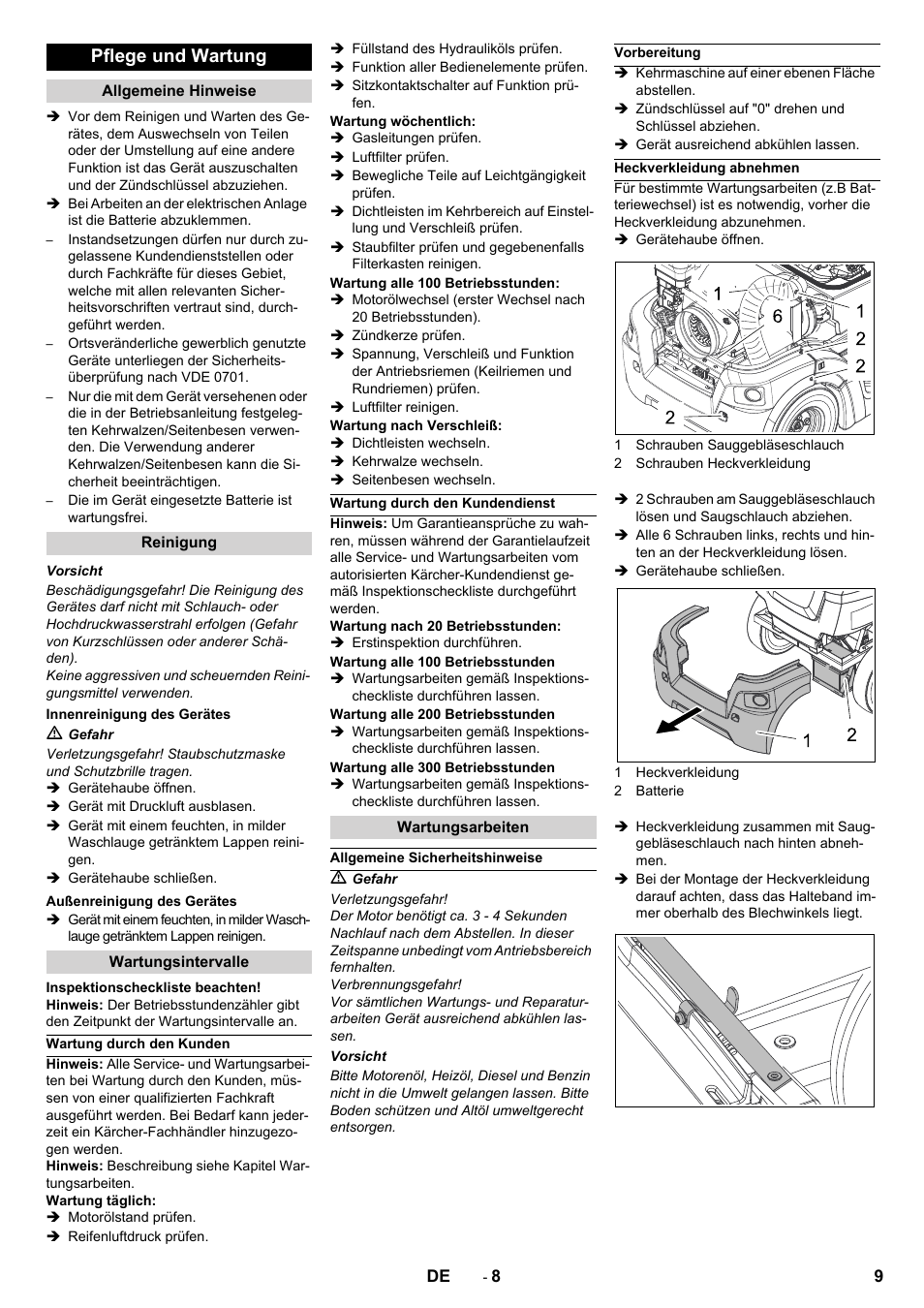 Pflege und wartung | Karcher Balayeuse KM 90-60 R Lpg Adv User Manual | Page 9 / 432