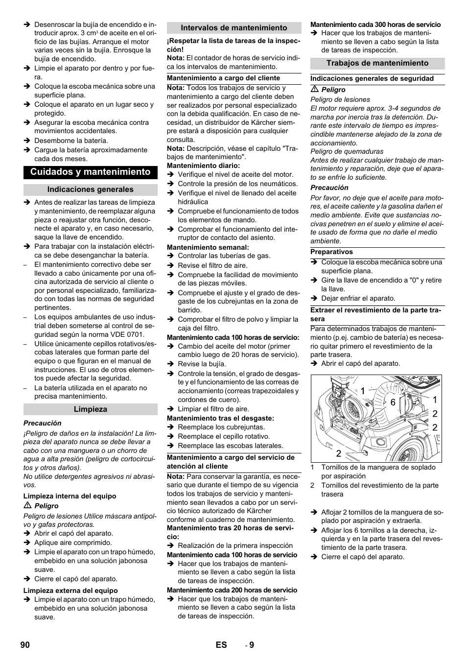 Cuidados y mantenimiento | Karcher Balayeuse KM 90-60 R Lpg Adv User Manual | Page 90 / 432