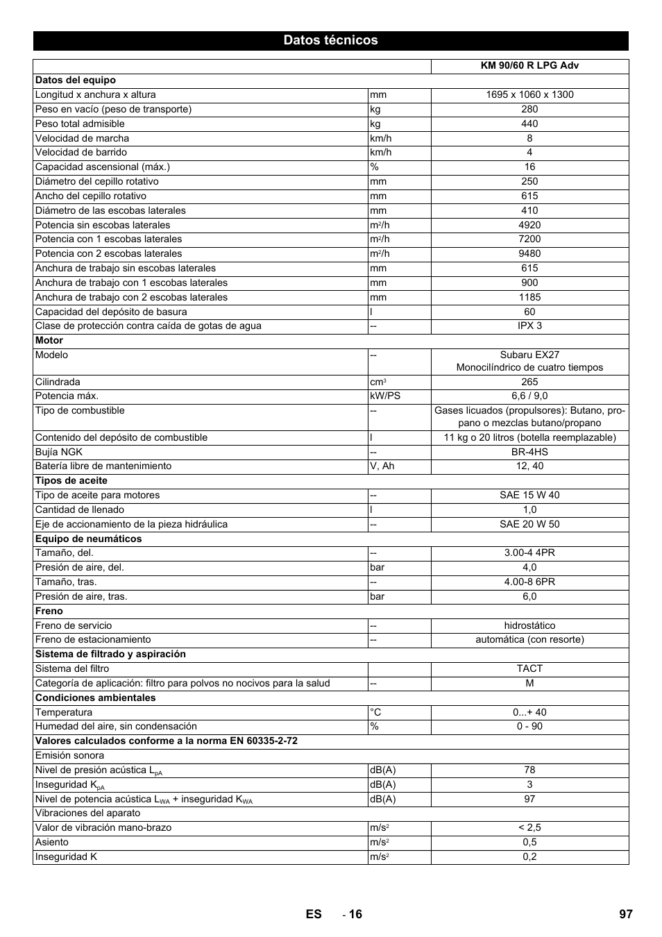 Datos técnicos | Karcher Balayeuse KM 90-60 R Lpg Adv User Manual | Page 97 / 432