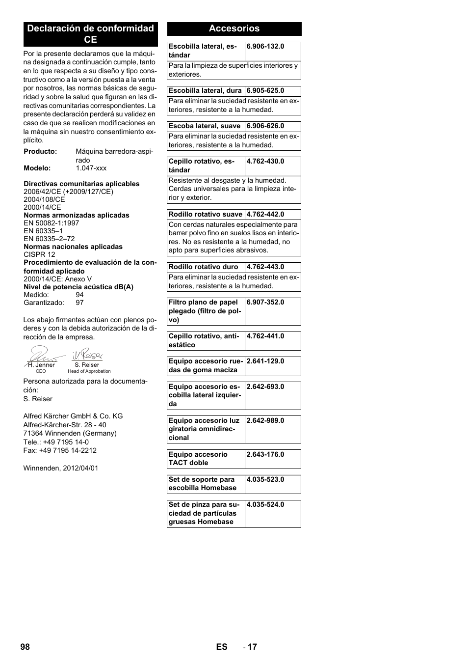 Declaración de conformidad ce, Accesorios | Karcher Balayeuse KM 90-60 R Lpg Adv User Manual | Page 98 / 432
