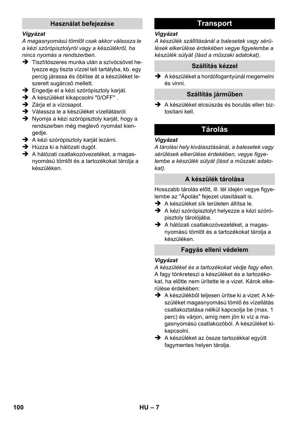 Transport, Tárolás | Karcher K 2-185 User Manual | Page 100 / 180