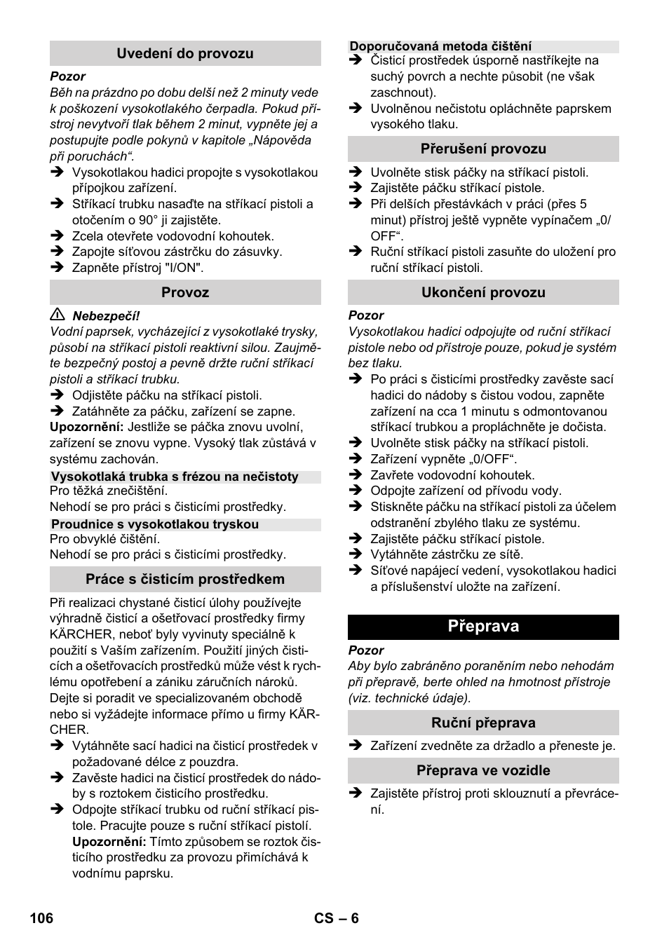 Přeprava | Karcher K 2-185 User Manual | Page 106 / 180