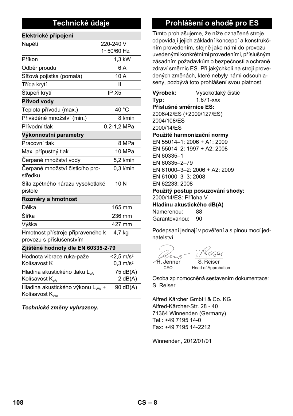 Technické údaje, Prohlášení o shodě pro es | Karcher K 2-185 User Manual | Page 108 / 180