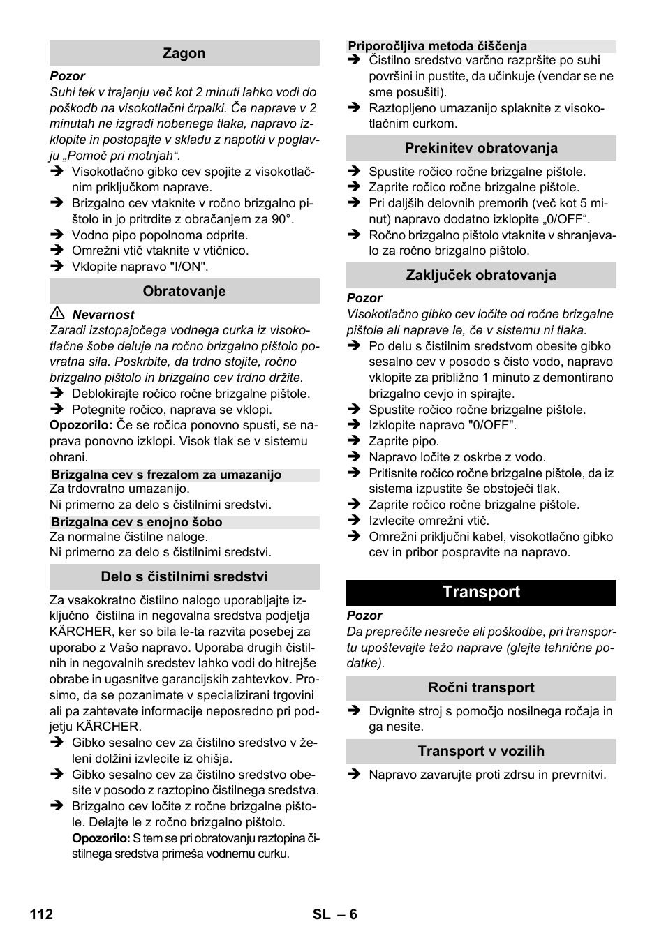 Transport | Karcher K 2-185 User Manual | Page 112 / 180