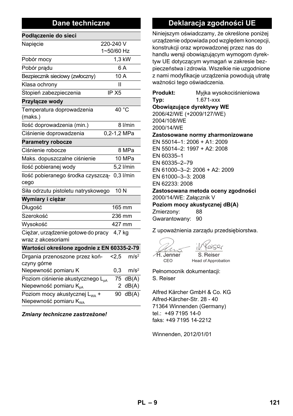 Dane techniczne, Deklaracja zgodności ue | Karcher K 2-185 User Manual | Page 121 / 180