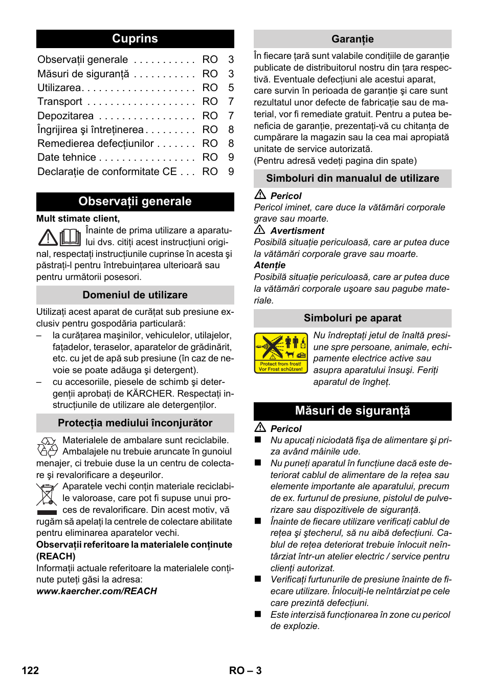 Româneşte, Cuprins, Observaţii generale | Măsuri de siguranţă | Karcher K 2-185 User Manual | Page 122 / 180