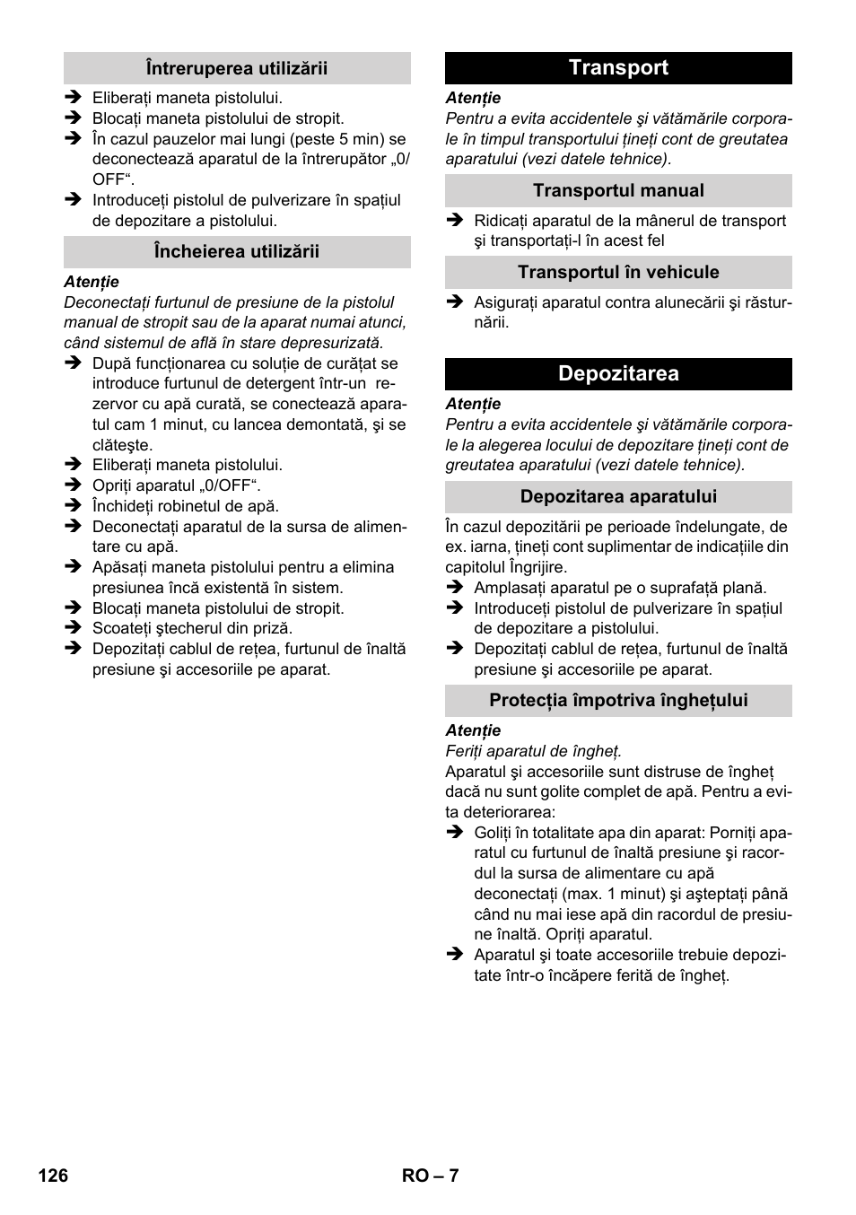 Transport, Depozitarea | Karcher K 2-185 User Manual | Page 126 / 180