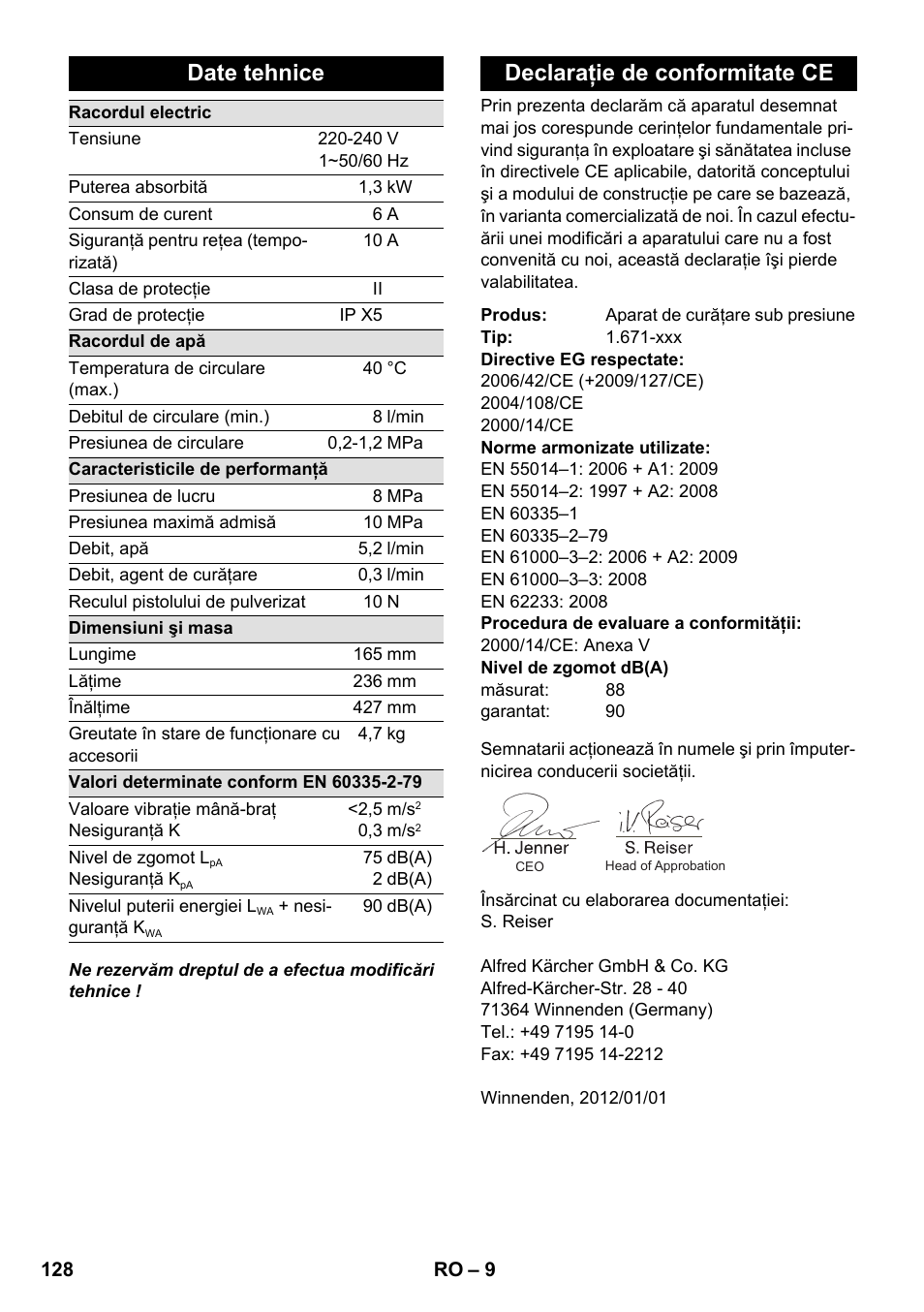 Date tehnice, Declaraţie de conformitate ce | Karcher K 2-185 User Manual | Page 128 / 180