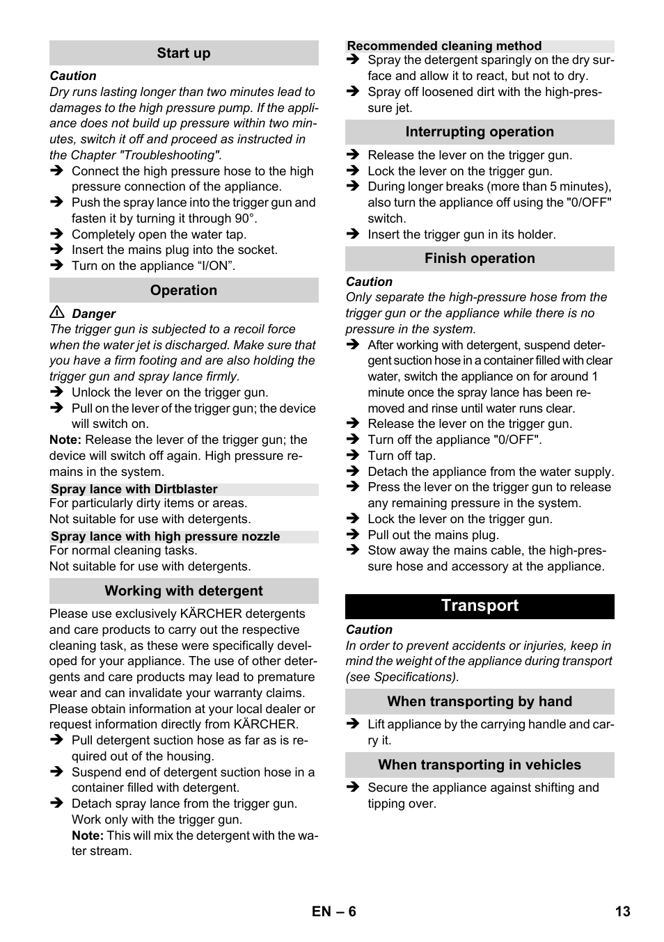 Transport | Karcher K 2-185 User Manual | Page 13 / 180