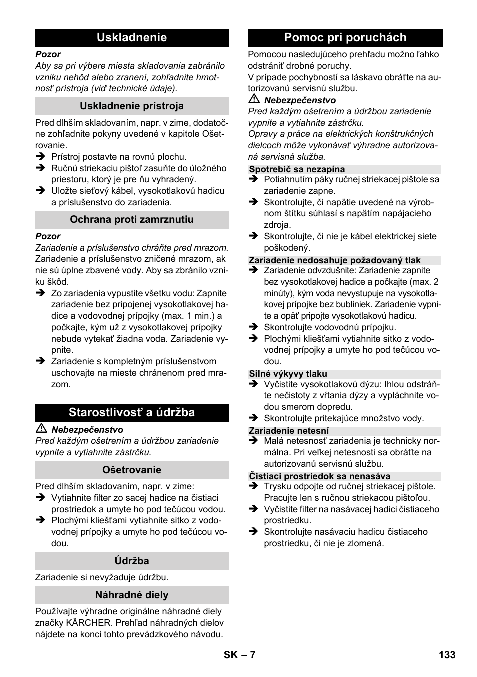 Uskladnenie, Starostlivosť a údržba, Pomoc pri poruchách | Karcher K 2-185 User Manual | Page 133 / 180