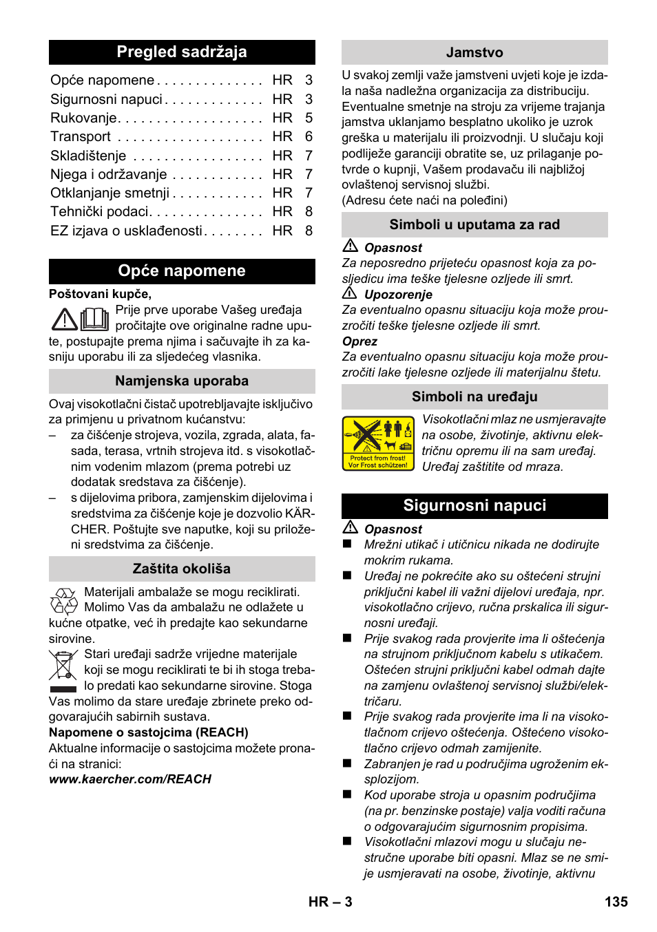 Hrvatski, Pregled sadržaja, Opće napomene | Sigurnosni napuci | Karcher K 2-185 User Manual | Page 135 / 180