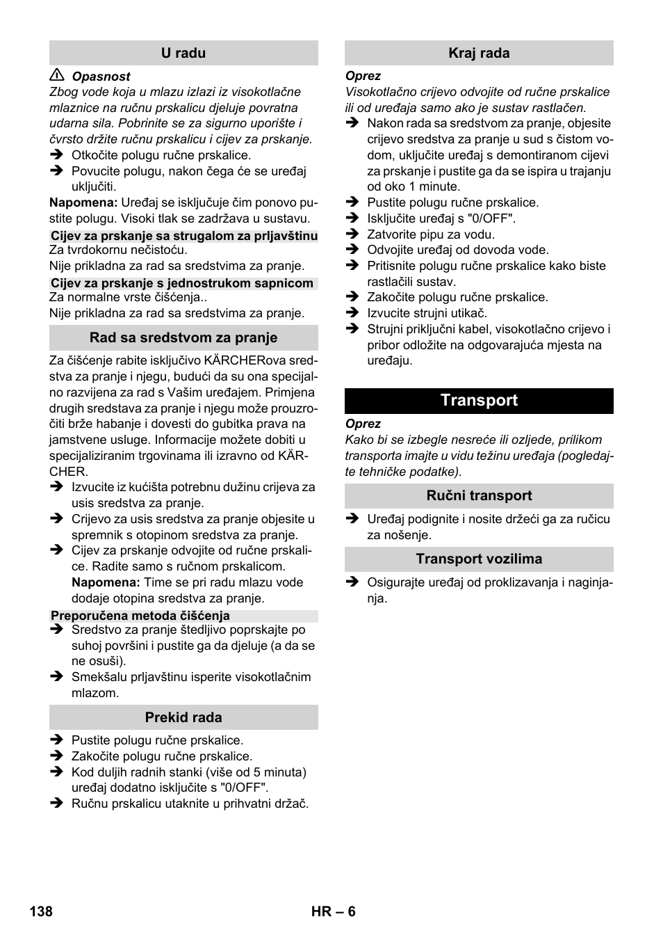 Transport | Karcher K 2-185 User Manual | Page 138 / 180