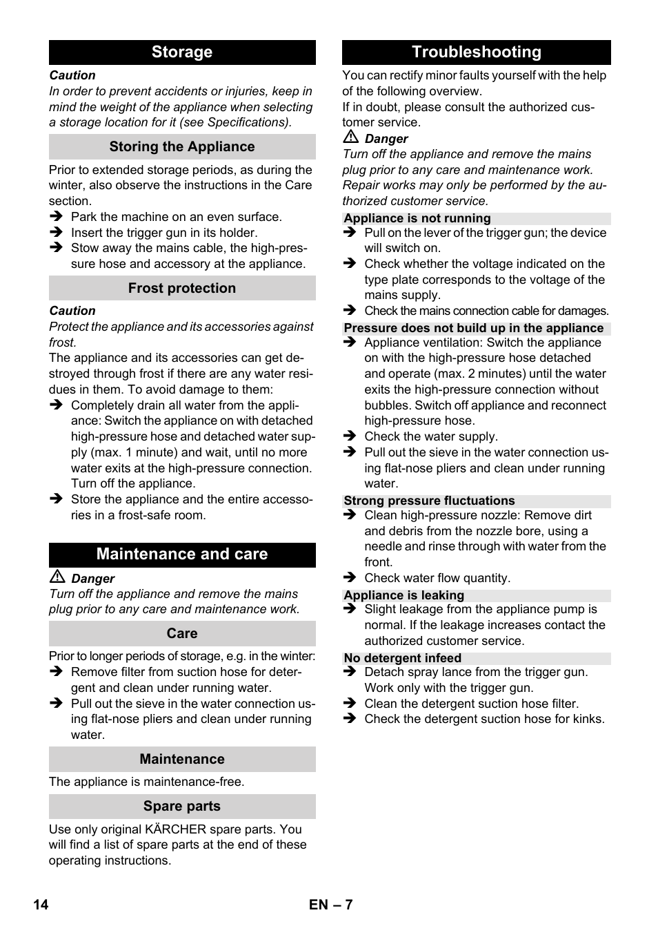 Storage, Maintenance and care, Troubleshooting | Karcher K 2-185 User Manual | Page 14 / 180