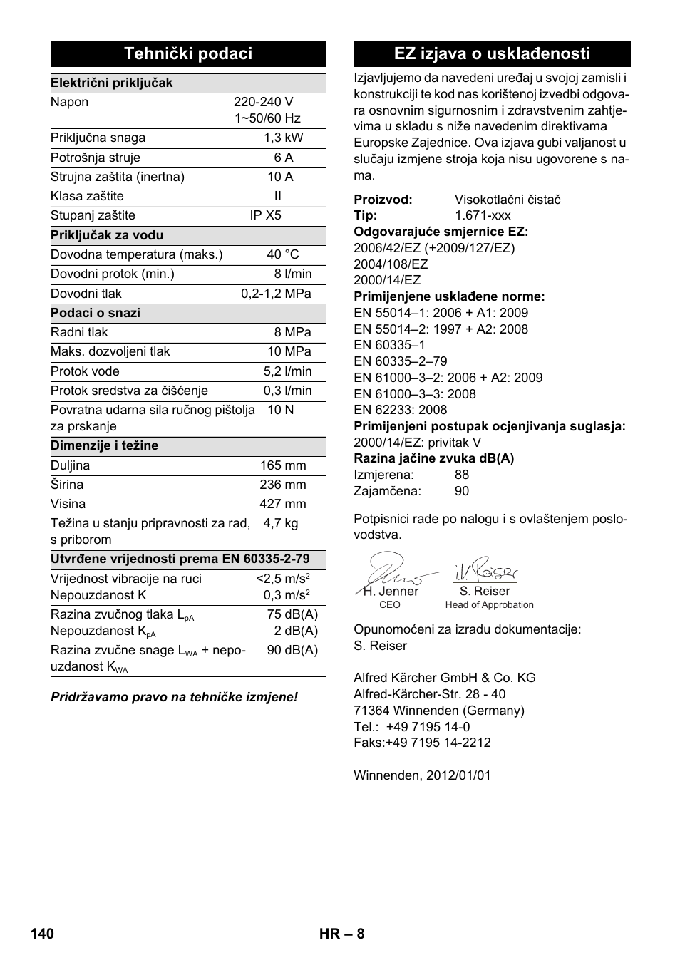 Tehnički podaci, Ez izjava o usklađenosti | Karcher K 2-185 User Manual | Page 140 / 180