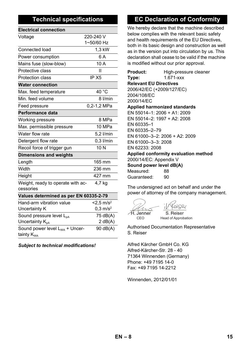 Technical specifications, Ec declaration of conformity | Karcher K 2-185 User Manual | Page 15 / 180