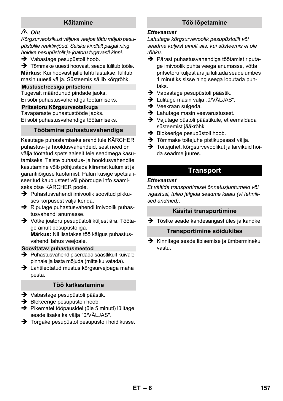 Transport | Karcher K 2-185 User Manual | Page 157 / 180