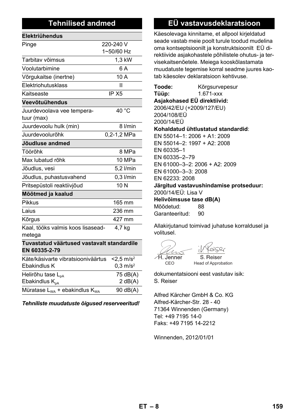 Tehnilised andmed, Eü vastavusdeklaratsioon | Karcher K 2-185 User Manual | Page 159 / 180