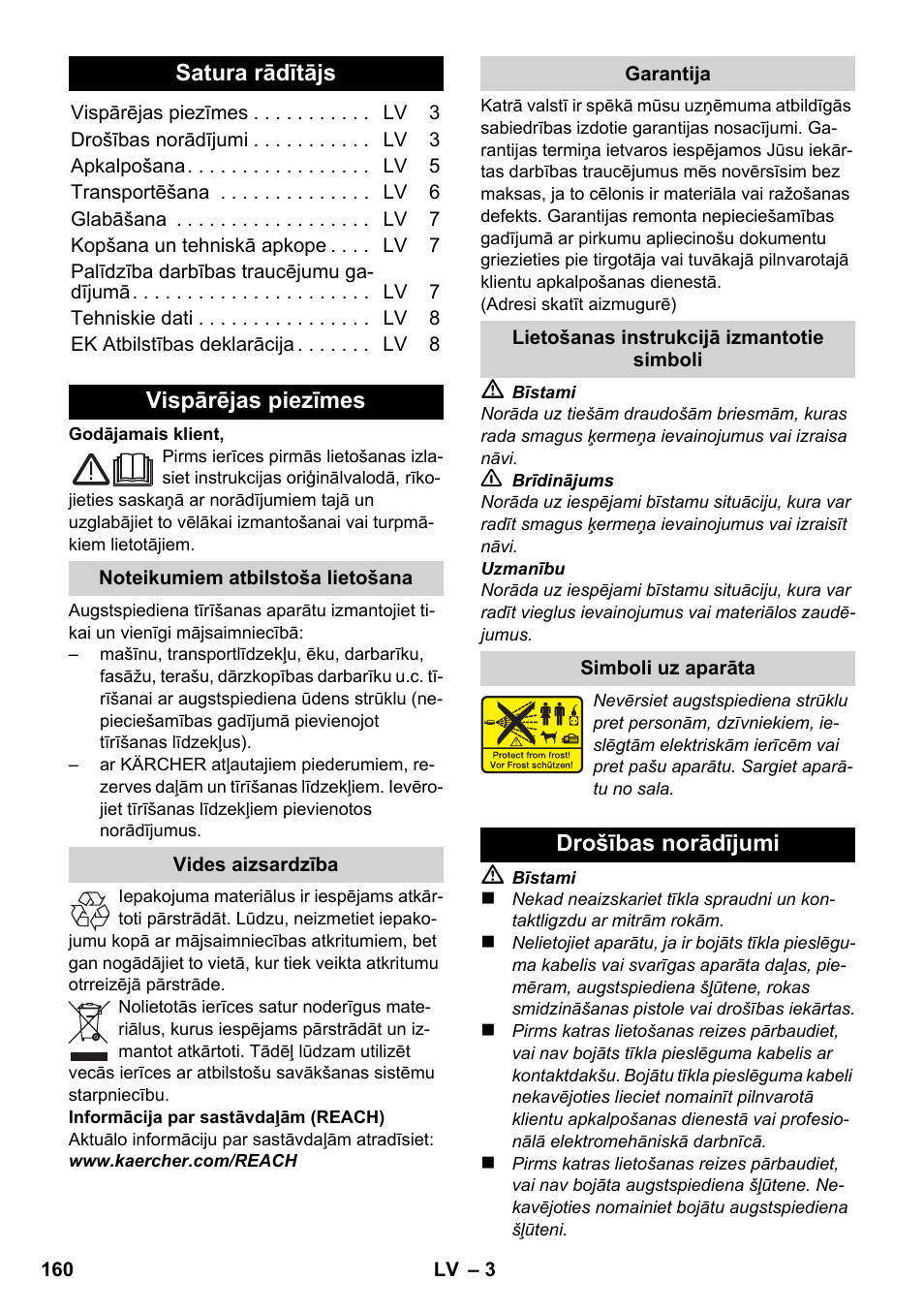 Latviešu, Satura rādītājs, Vispārējas piezīmes | Drošības norādījumi | Karcher K 2-185 User Manual | Page 160 / 180