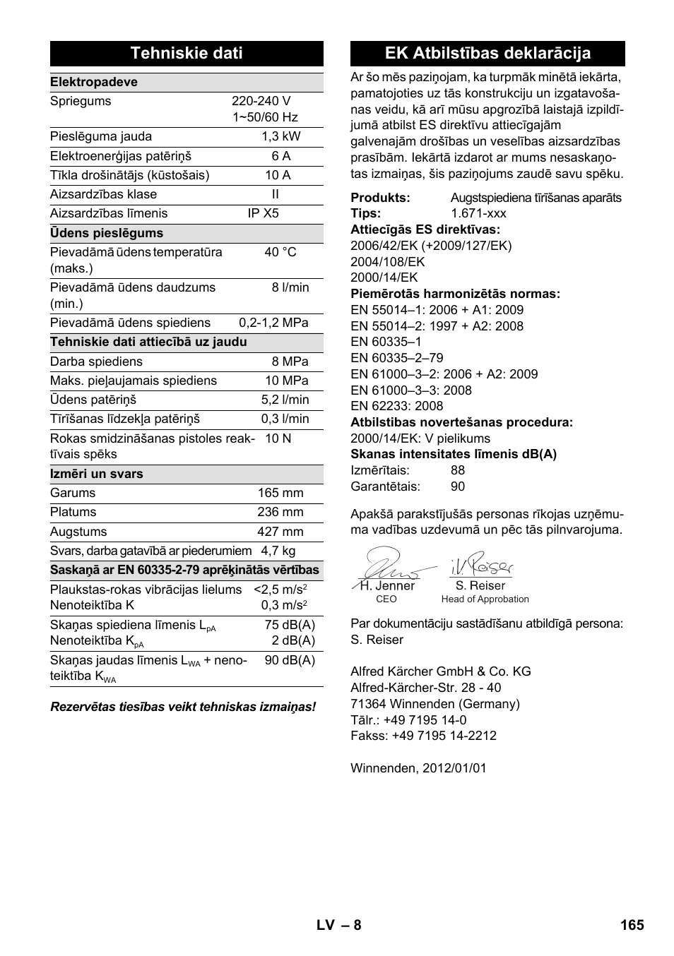 Tehniskie dati, Ek atbilstības deklarācija | Karcher K 2-185 User Manual | Page 165 / 180