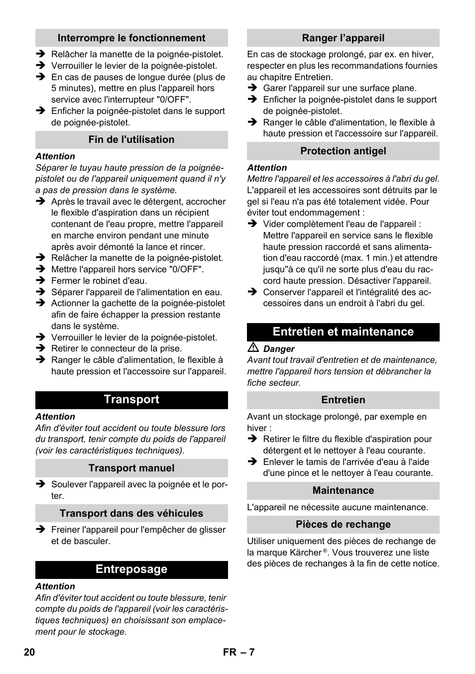 Transport, Entreposage, Entretien et maintenance | Karcher K 2-185 User Manual | Page 20 / 180