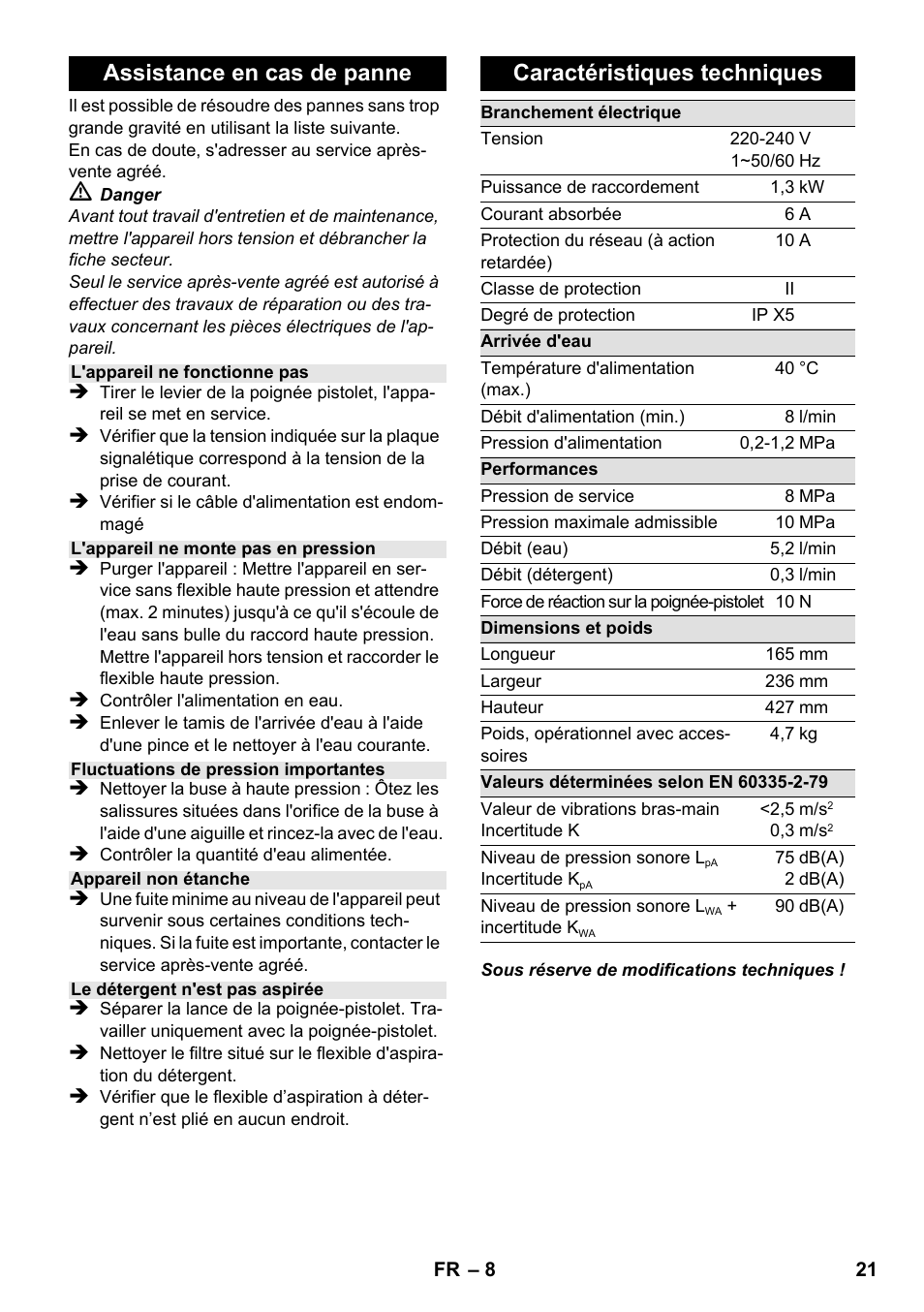 Assistance en cas de panne, Caractéristiques techniques | Karcher K 2-185 User Manual | Page 21 / 180