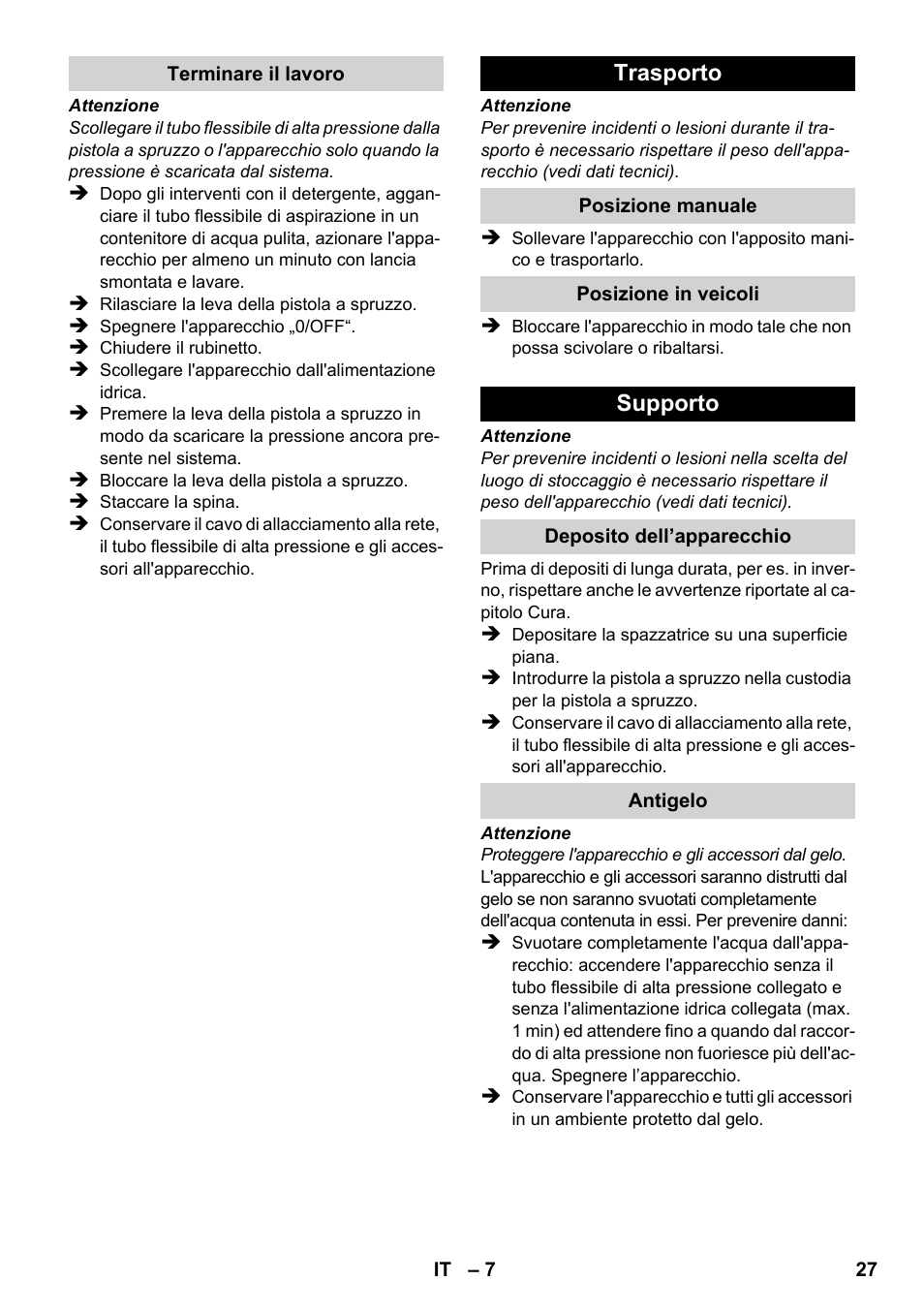 Trasporto, Supporto | Karcher K 2-185 User Manual | Page 27 / 180