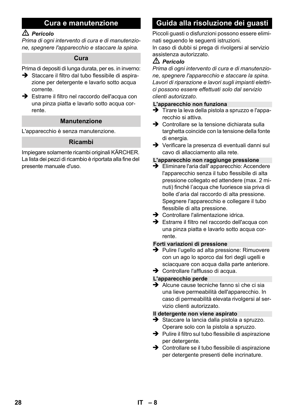 Cura e manutenzione, Guida alla risoluzione dei guasti | Karcher K 2-185 User Manual | Page 28 / 180