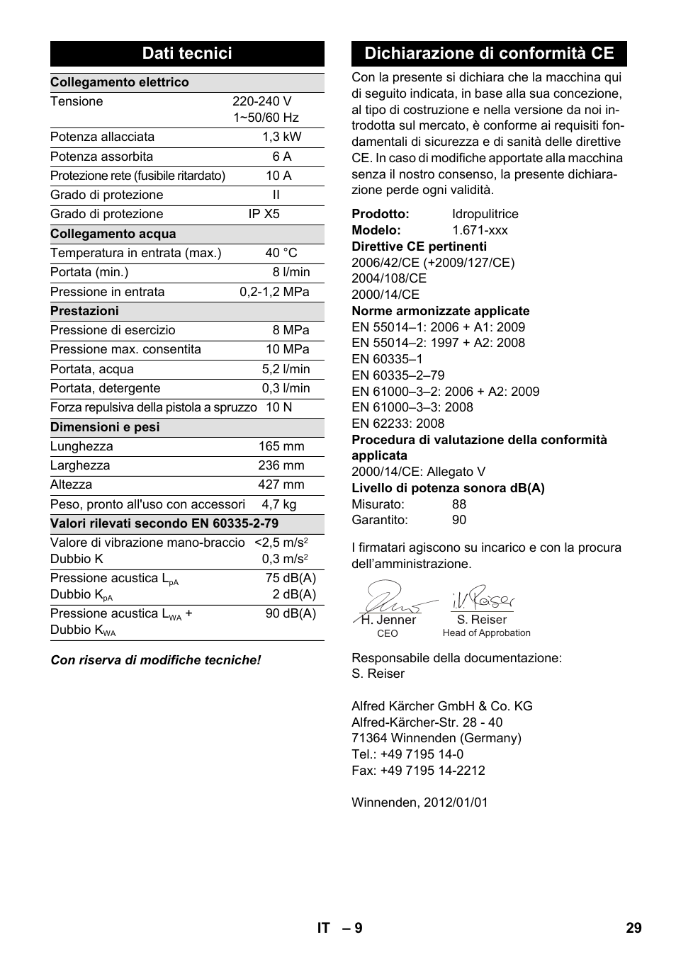 Dati tecnici, Dichiarazione di conformità ce | Karcher K 2-185 User Manual | Page 29 / 180