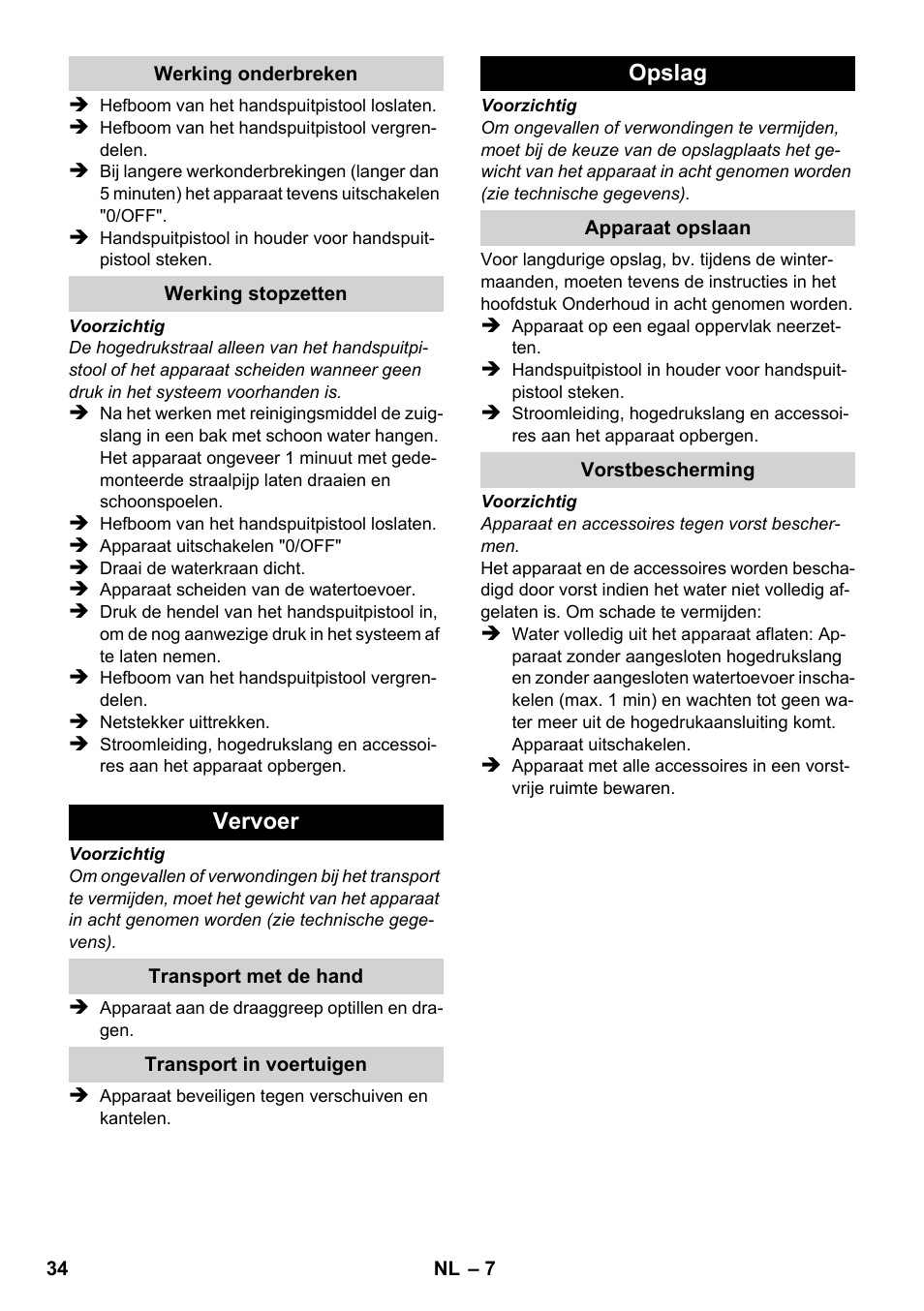 Vervoer, Opslag | Karcher K 2-185 User Manual | Page 34 / 180