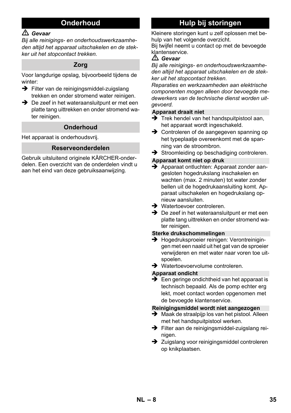 Onderhoud, Hulp bij storingen | Karcher K 2-185 User Manual | Page 35 / 180