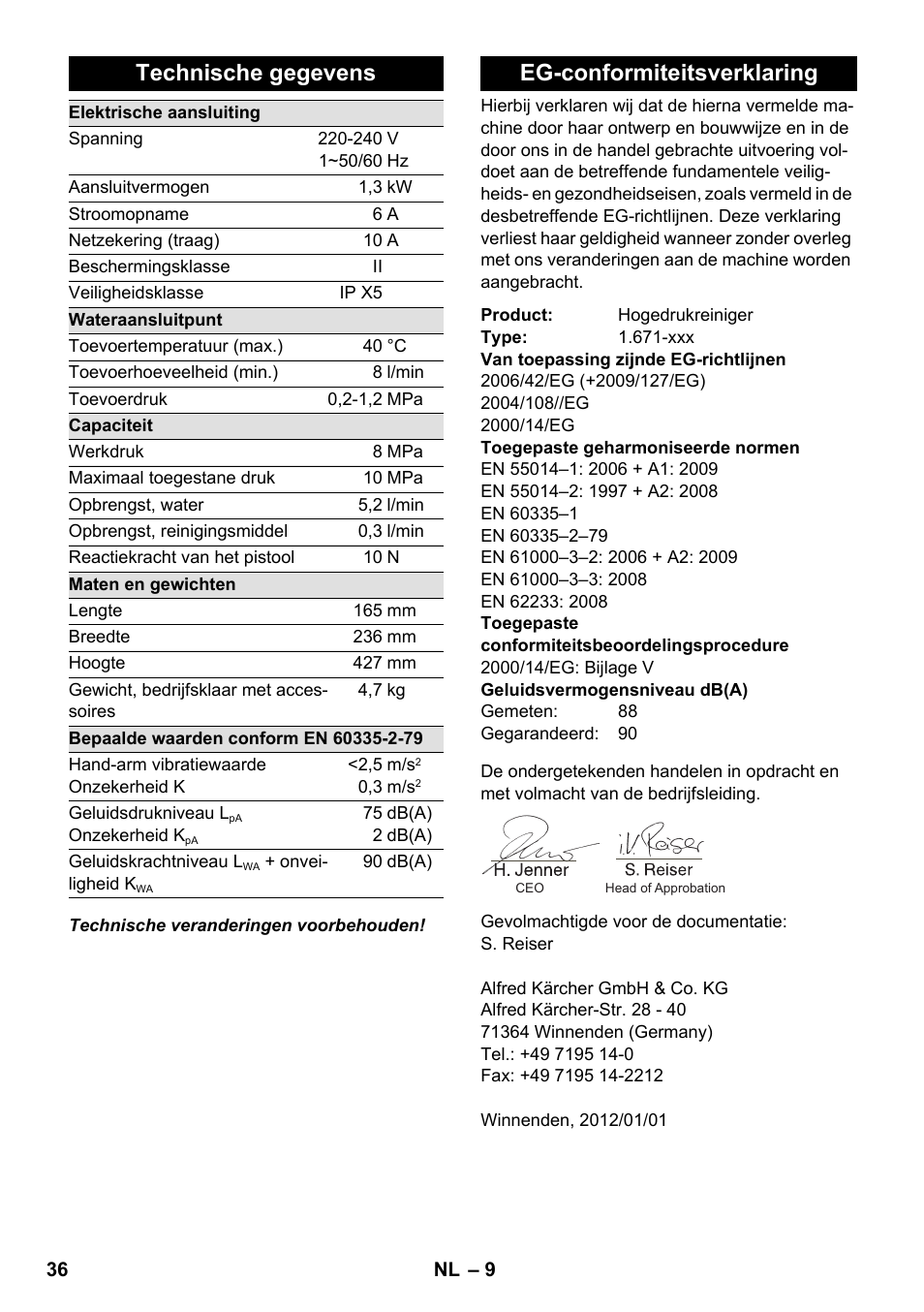 Technische gegevens, Eg-conformiteitsverklaring | Karcher K 2-185 User Manual | Page 36 / 180