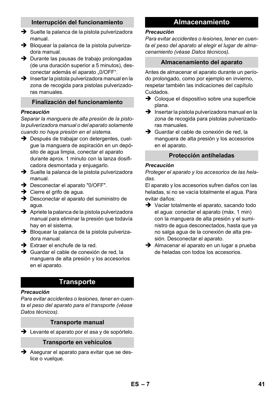 Transporte, Almacenamiento | Karcher K 2-185 User Manual | Page 41 / 180