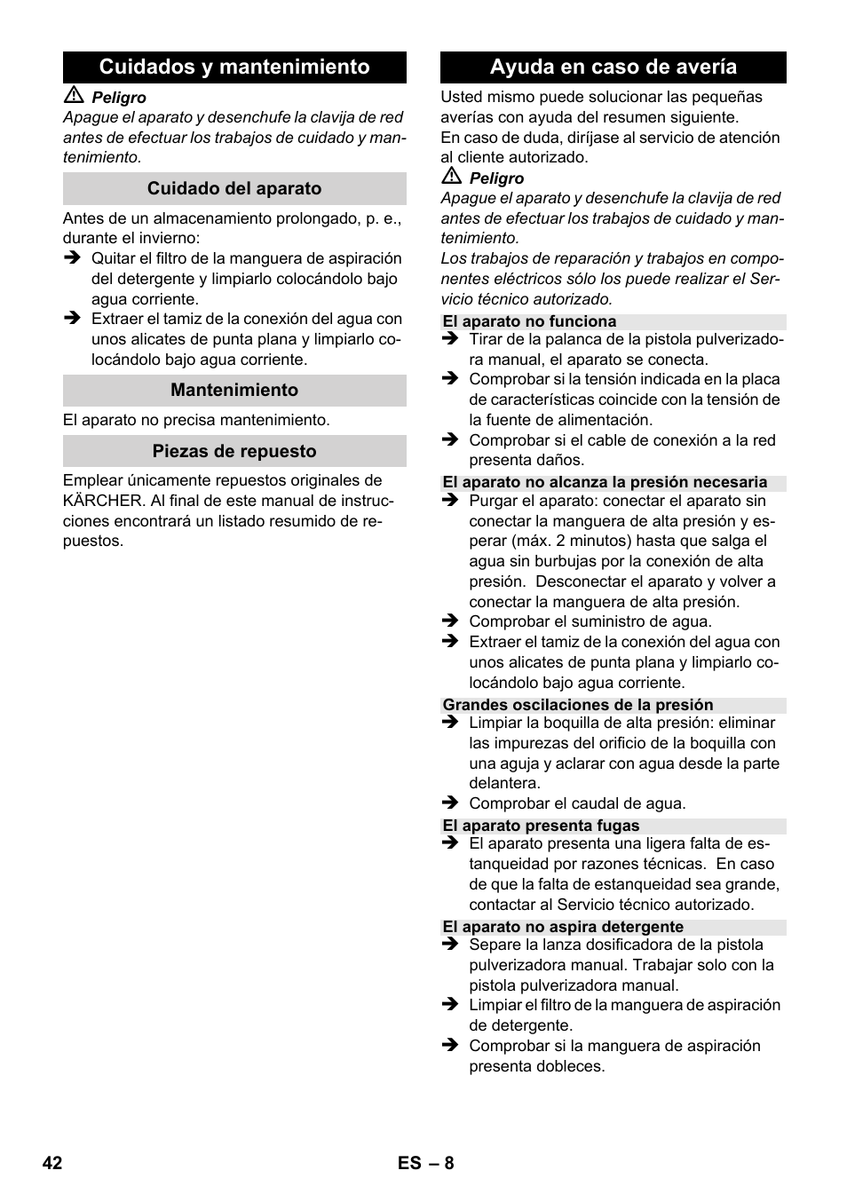 Cuidados y mantenimiento, Ayuda en caso de avería | Karcher K 2-185 User Manual | Page 42 / 180