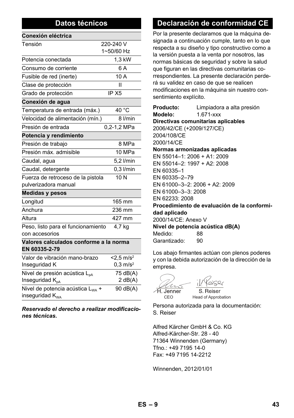 Datos técnicos, Declaración de conformidad ce | Karcher K 2-185 User Manual | Page 43 / 180