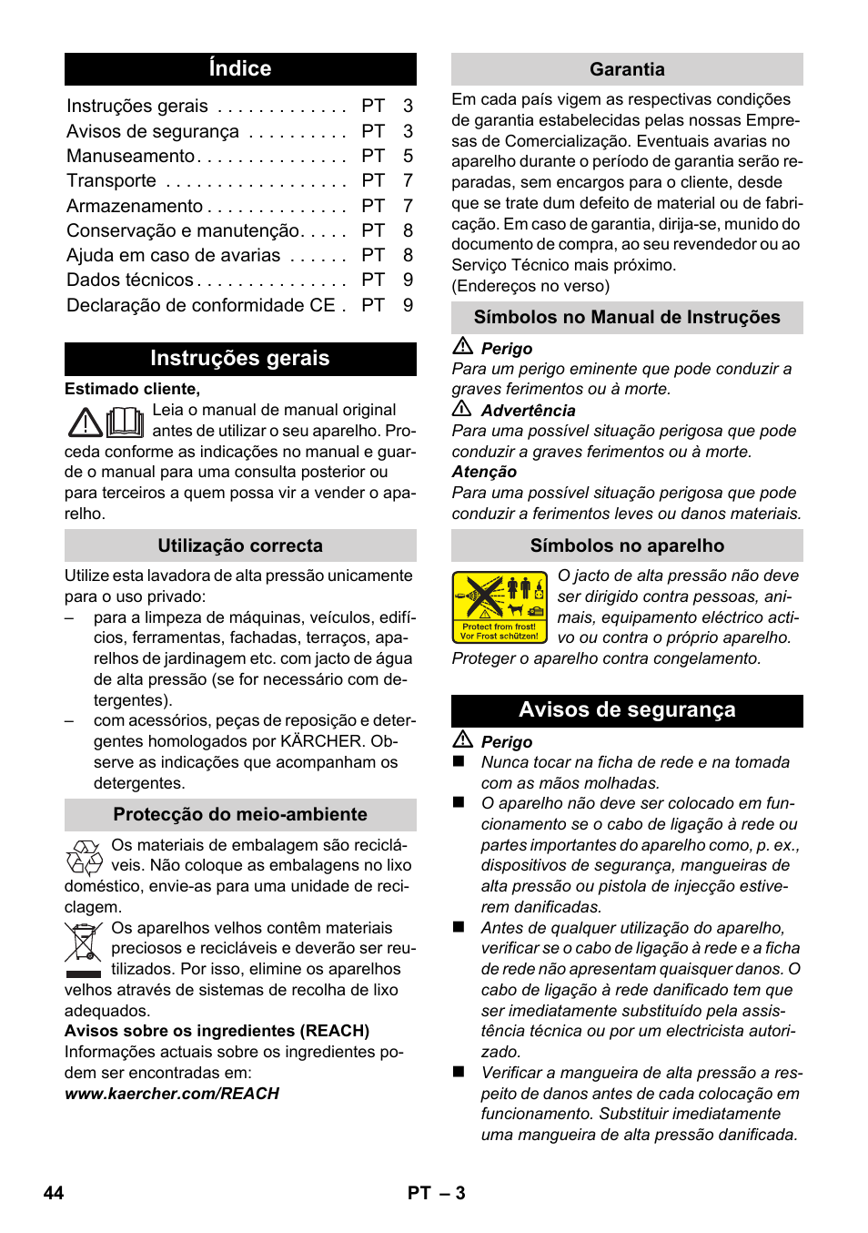 Português, Índice, Instruções gerais | Avisos de segurança | Karcher K 2-185 User Manual | Page 44 / 180