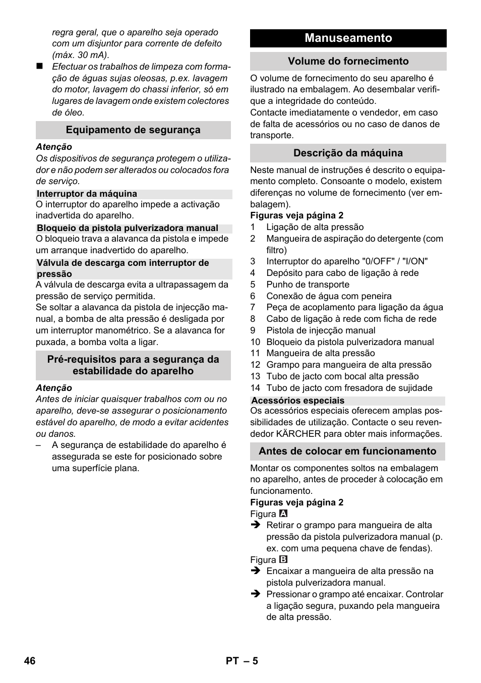 Manuseamento | Karcher K 2-185 User Manual | Page 46 / 180