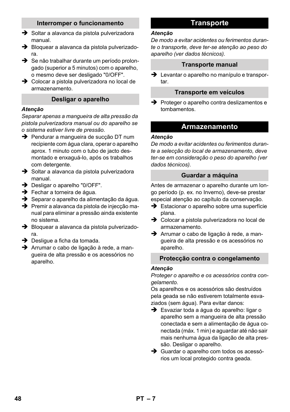 Transporte, Armazenamento | Karcher K 2-185 User Manual | Page 48 / 180