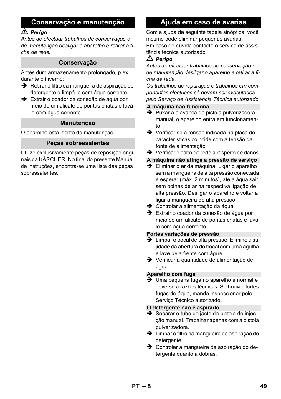 Conservação e manutenção, Ajuda em caso de avarias | Karcher K 2-185 User Manual | Page 49 / 180