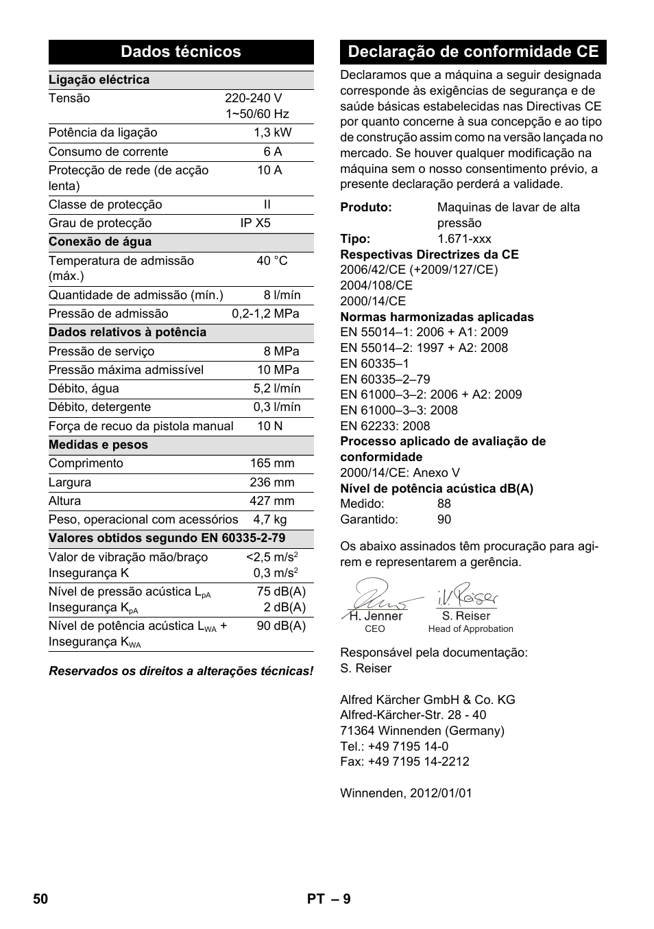 Dados técnicos, Declaração de conformidade ce | Karcher K 2-185 User Manual | Page 50 / 180