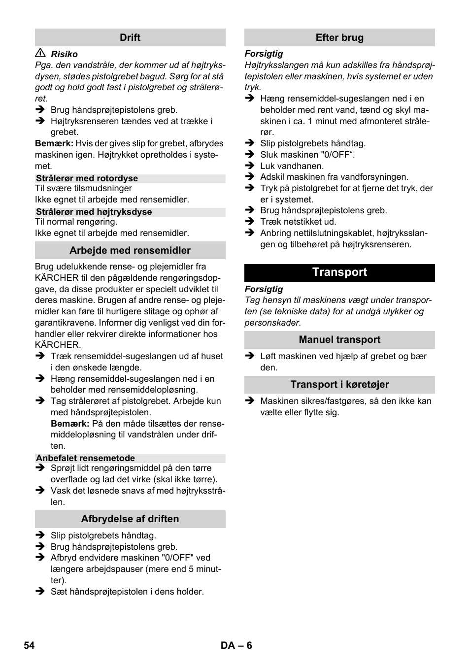 Transport | Karcher K 2-185 User Manual | Page 54 / 180