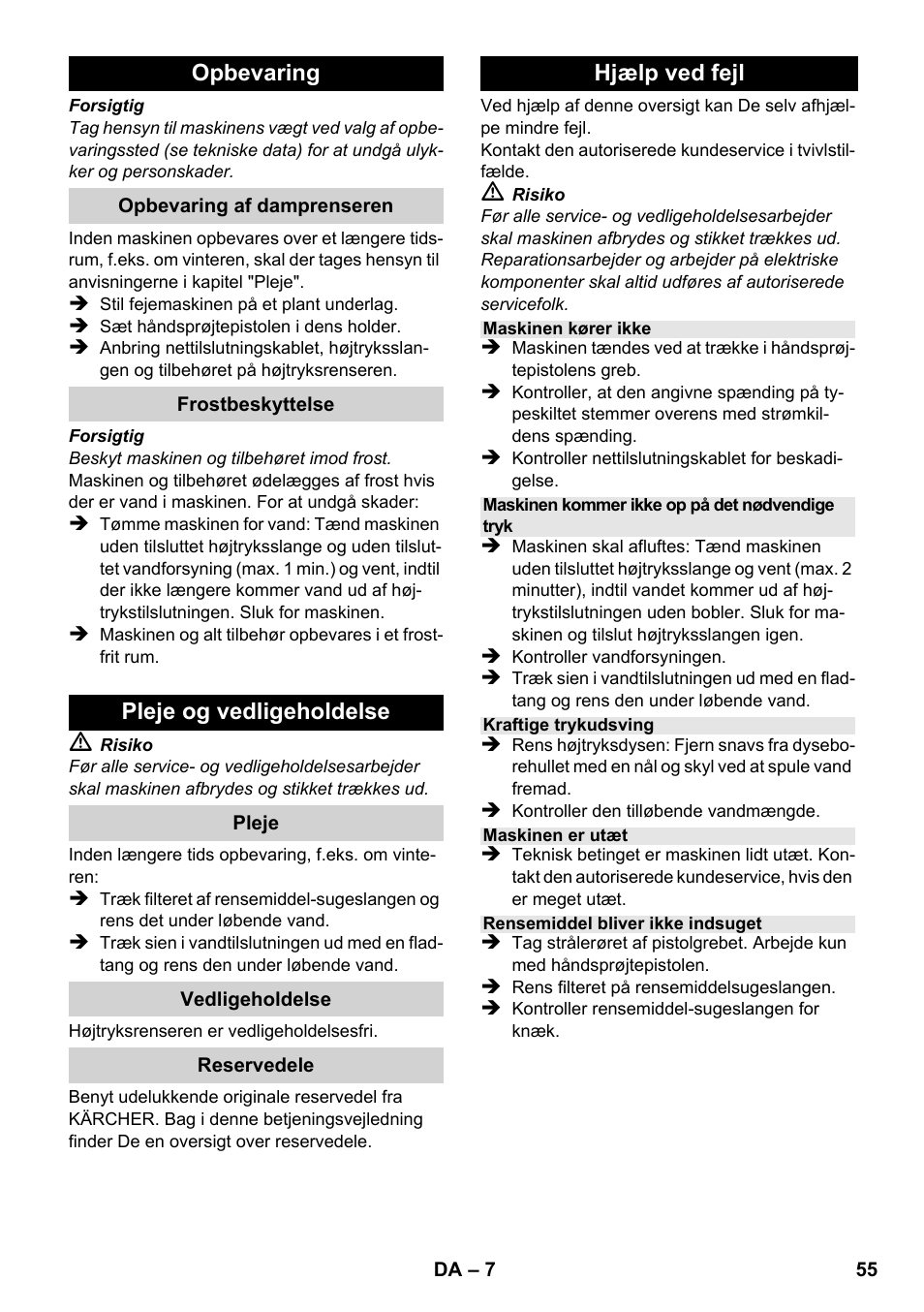 Opbevaring, Pleje og vedligeholdelse, Hjælp ved fejl | Karcher K 2-185 User Manual | Page 55 / 180