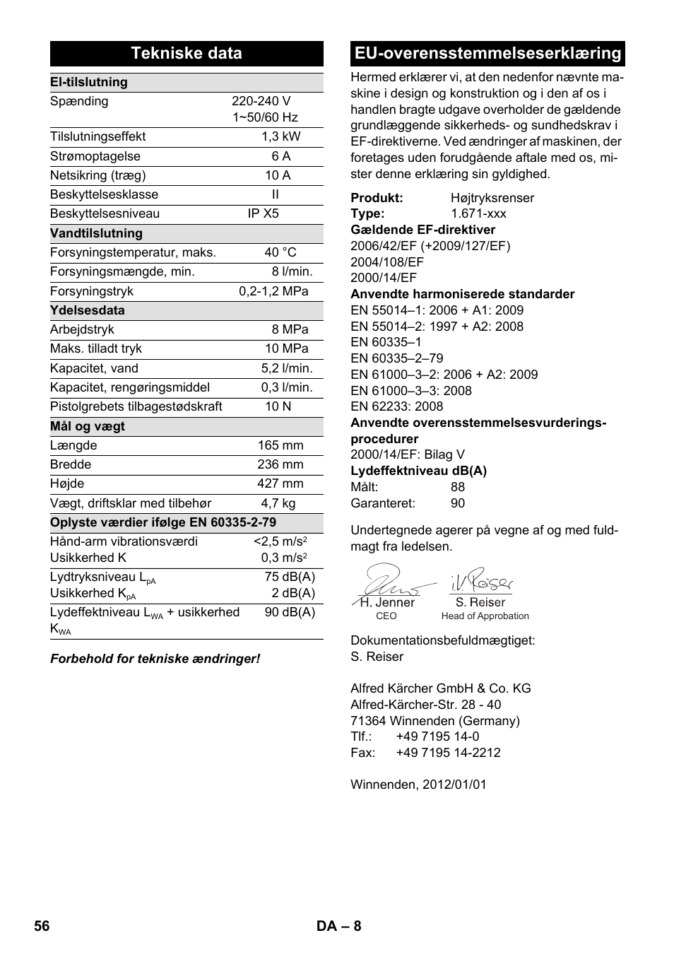 Tekniske data, Eu-overensstemmelseserklæring | Karcher K 2-185 User Manual | Page 56 / 180