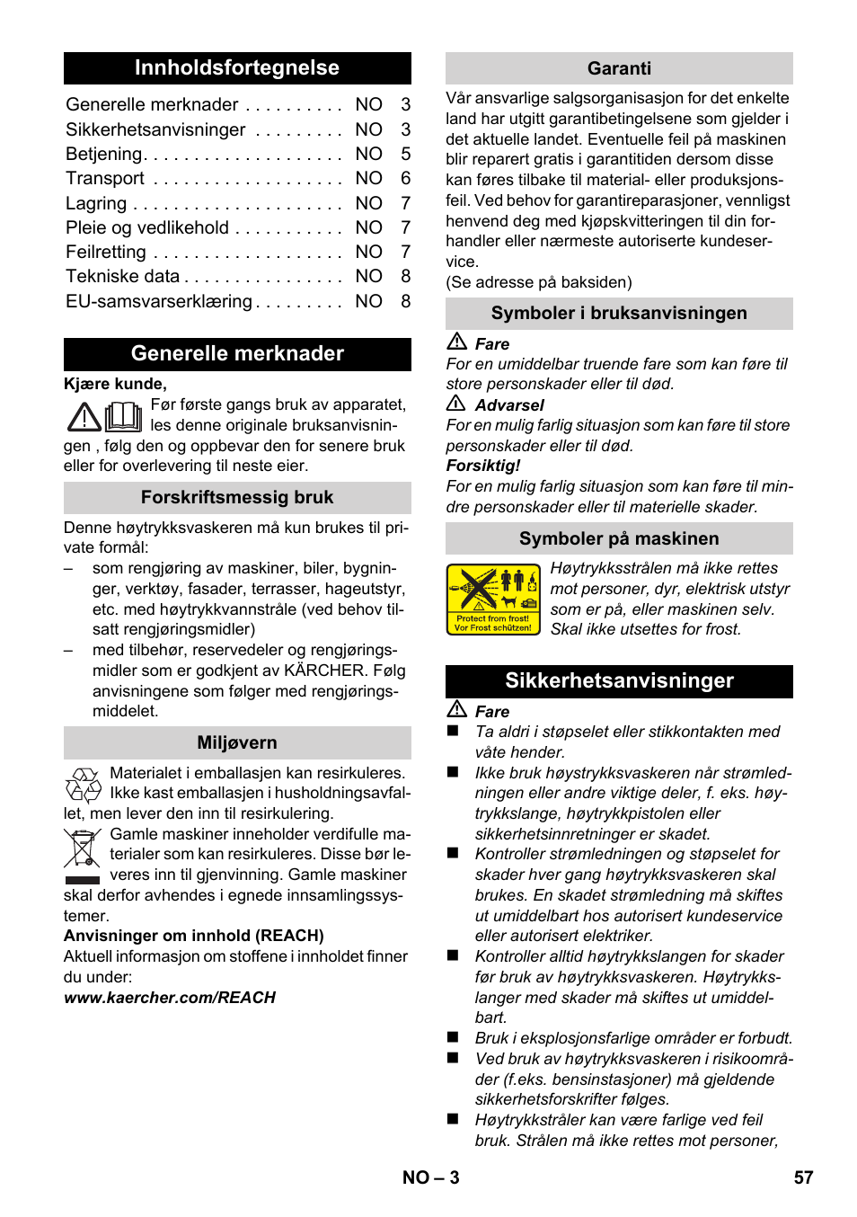 Norsk, Innholdsfortegnelse, Generelle merknader | Sikkerhetsanvisninger | Karcher K 2-185 User Manual | Page 57 / 180